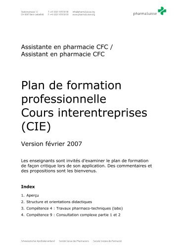 Plan de formation professionnelle Cours ... - pharmaSuisse