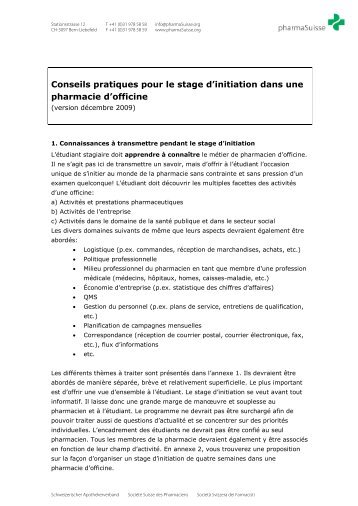 Conseils pratiques pour le stage d'initiation dans ... - pharmaSuisse