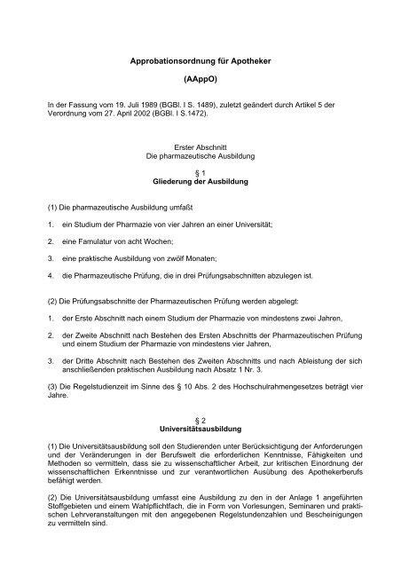 Approbationsordnung fÃ¼r Apotheker (AAppO) - Pharmazie