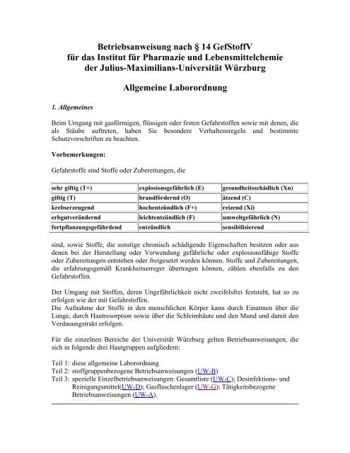 Betriebsanweisung nach § 14 GefStoffV für das Institut für ...
