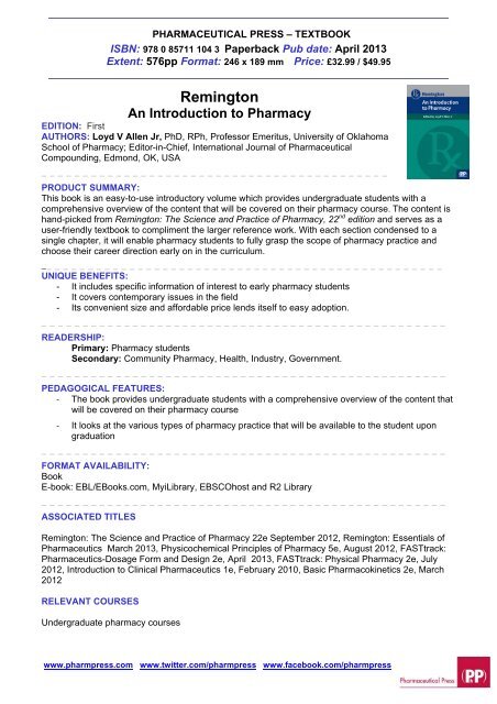 Remington an Introduction to Pharmacy-ABI - Pharmaceutical Press