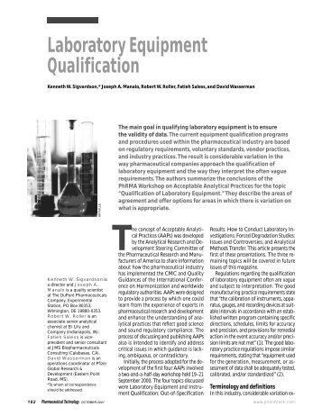 Laboratory Equipment Qualification - Pharmaceutical Technology