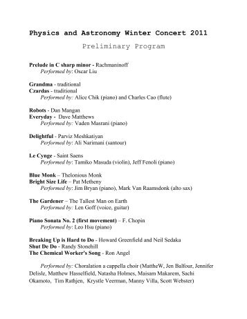 Physics and Astronomy Winter Concert 2011 Preliminary Program