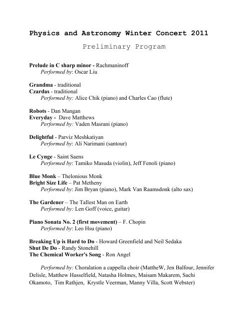 Physics and Astronomy Winter Concert 2011 Preliminary Program