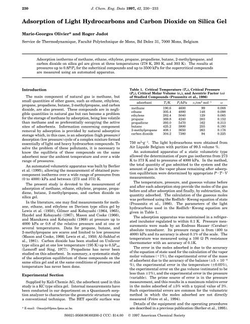 Adsorption of Light Hydrocarbons and Carbon Dioxide on Silica Gel