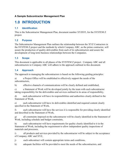 Sample Subcontractor Management Plan