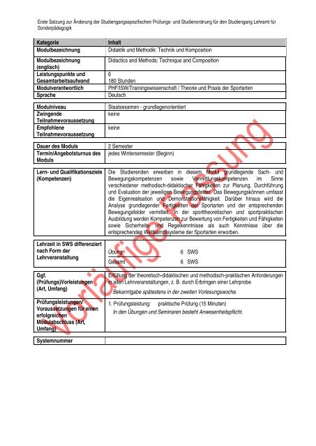 Anlage 4.8: Fachanhang Sportwissenschaft Inhaltsübersicht 1. Ziel ...
