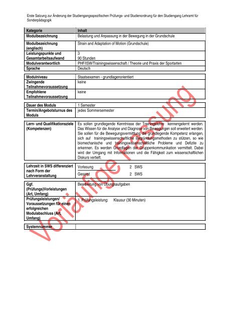 Anlage 4.8: Fachanhang Sportwissenschaft Inhaltsübersicht 1. Ziel ...