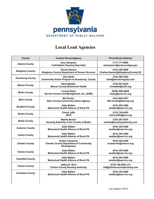 DPW - Local Lead Agencies - Pennsylvania Housing Finance Agency