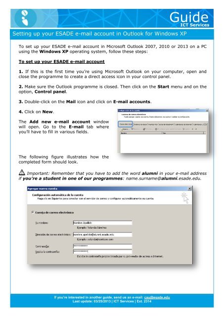Setting up your ESADE e-mail account in Outlook for Windows XP