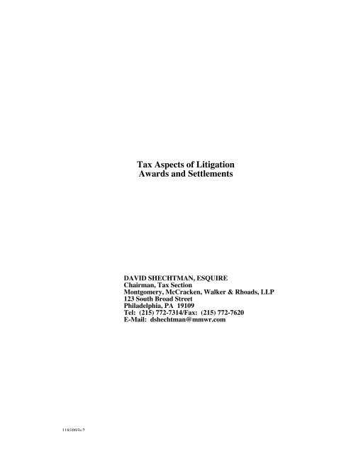 Tax Aspects of Litigation Awards and Settlements - Philadelphia Bar ...