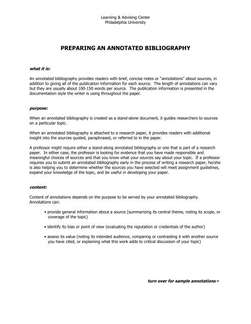 preparing an annotated bibliography - Philadelphia University