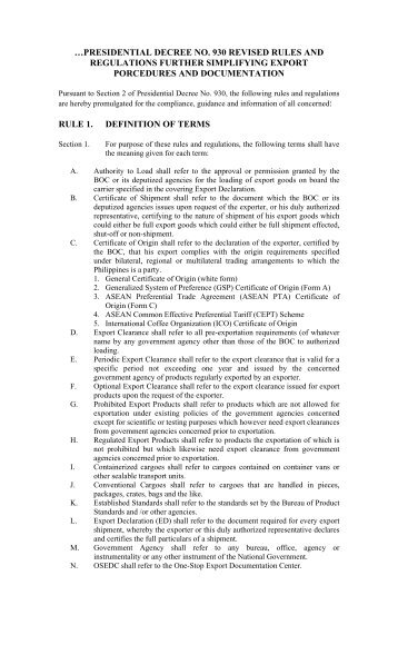 presidential decree no. 930 revised rules and ... - Philexport Cebu