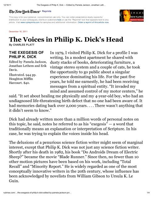 The Voices in Philip K. Dick's Head - Philip K. Dick Fan Site