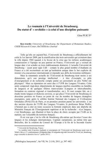 Le roumain Ã  l'UniversitÃ© de Strasbourg - Philologica Jassyensia