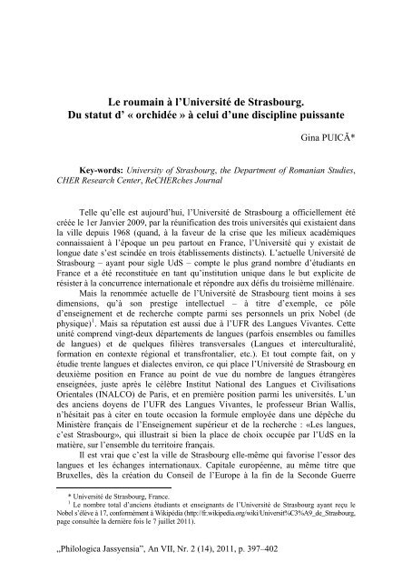 Le roumain Ã  l'UniversitÃ© de Strasbourg - Philologica Jassyensia