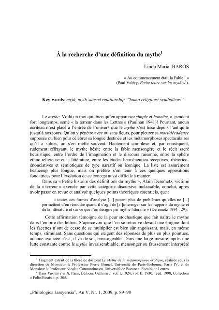 Ã la recherche d'une dÃ©finition du mythe - Philologica Jassyensia