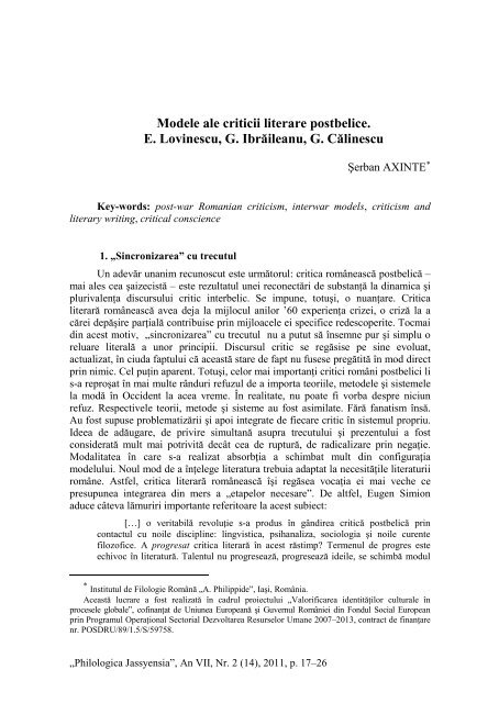 Modele ale criticii literare postbelice. E. Lovinescu, G. IbrÄƒileanu, G ...