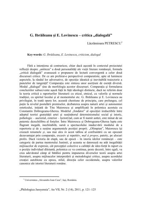 G. IbrÄileanu Åi E. Lovinescu â critica âdialogalÄâ - Philologica ...