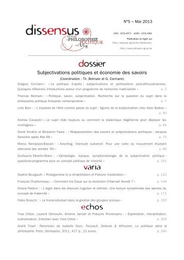 Subjectivations politiques et Ã©conomie des savoirs - Service de ...