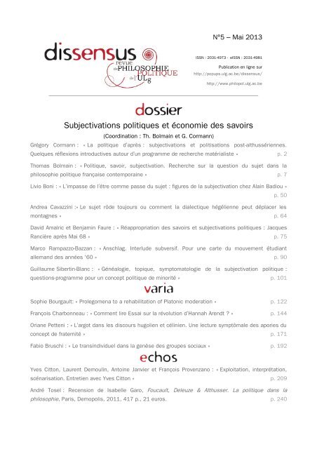 Subjectivations politiques et Ã©conomie des savoirs - Service de ...