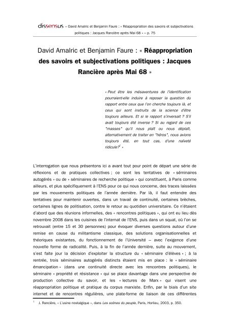 Subjectivations politiques et Ã©conomie des savoirs - Service de ...