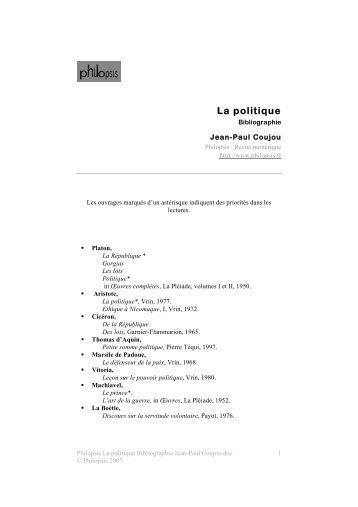 Bibliographie sur La politique - Philopsis