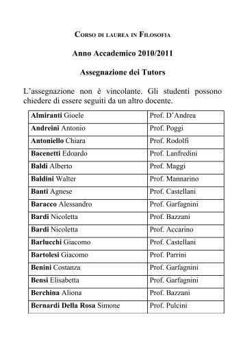 Anno Accademico 2010/2011 Assegnazione dei Tutors L ...