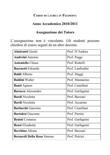 Anno Accademico 2010/2011 Assegnazione dei Tutors L ...