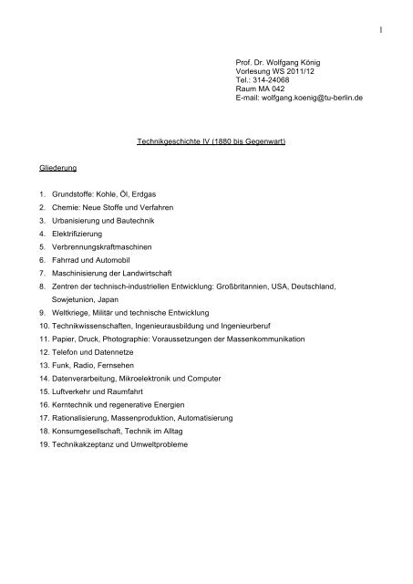 Prof. Dr. Wolfgang König Vorlesung WS 2011/12 Tel.: 314-24068 ...