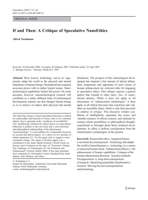If and Then: A Critique of Speculative NanoEthics - Common Sense ...