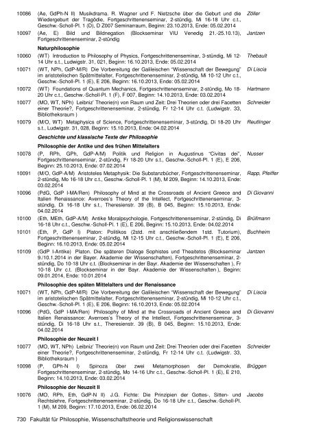 Übersicht der Lehrveranstaltungen für Philosophie WiSe 2013/2014