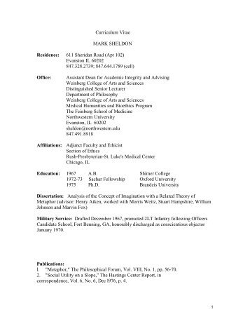 Curriculum Vitae MARK SHELDON Residence - Northwestern ...