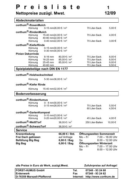 P reisliste 1 Nettopreise zuzügl. Mwst. 12/09 - Corthum