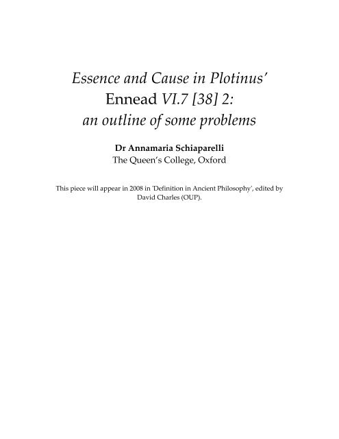 Essence and Cause in Plotinus