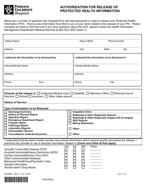 Medical Records Request & Authorization Form - Phoenix Children's ...