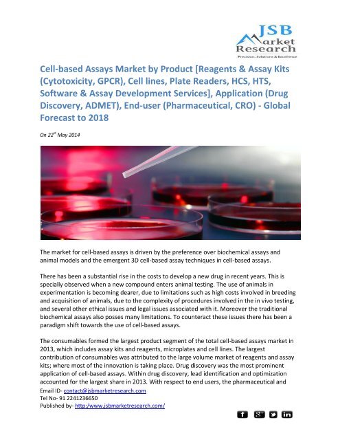 JSB market research:Cell-based Assays Market by Product report - Global Forecast to 2018