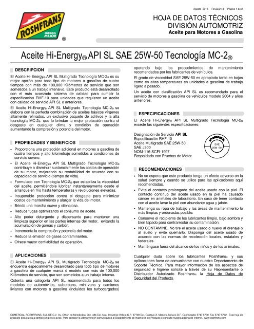 Aceite Hi-Energy® API SL SAE 25W-50 Tecnología MC-2 - Roshfrans