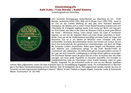 KÃ¼nstlerdiskografie Kathi Hohla | Franz Biereder | Rudolf Nowotny