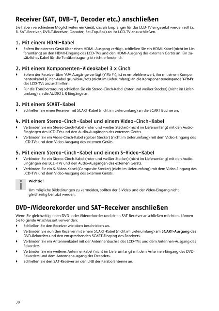 Receiver (SAT, DVB-T, Decoder etc.) anschließen - Medion