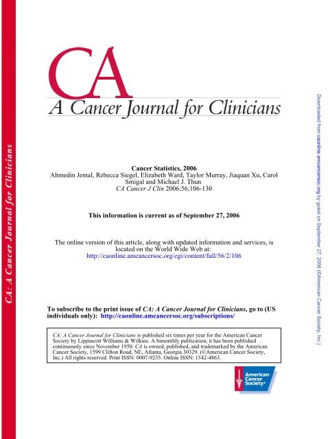 2006;56;106-130 CA Cancer J Clin Smigal and Michael J. Thun ...