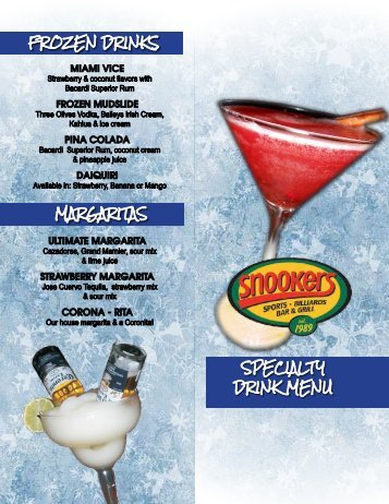 Frozen Drinks margaritas specialty Drink menu - Snookers