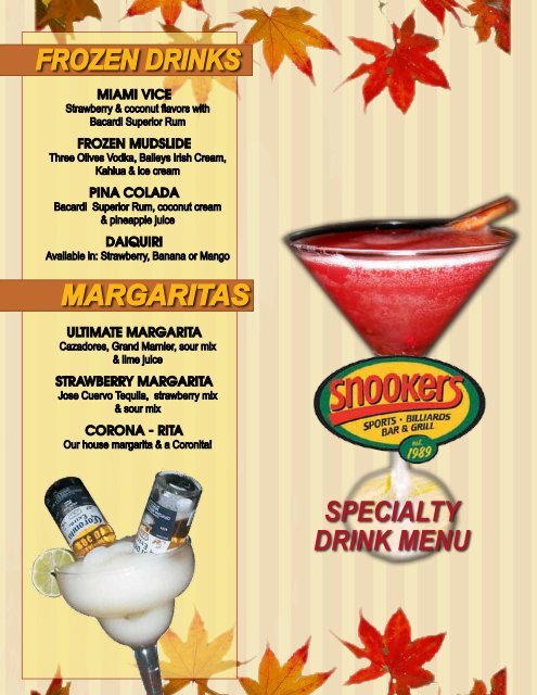 specialty drink menu frozen drinks margaritas - Snookers
