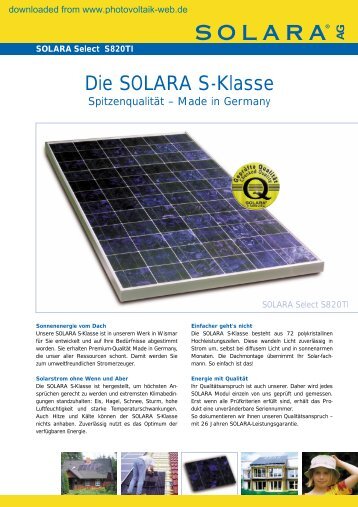 Die SOLARA S-Klasse - Photovoltaik