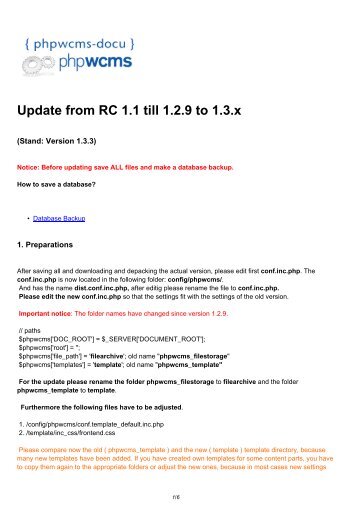 Update from RC 1.1 till 1.2.9 to 1.3.x - phpwcms-docu for phpwcms