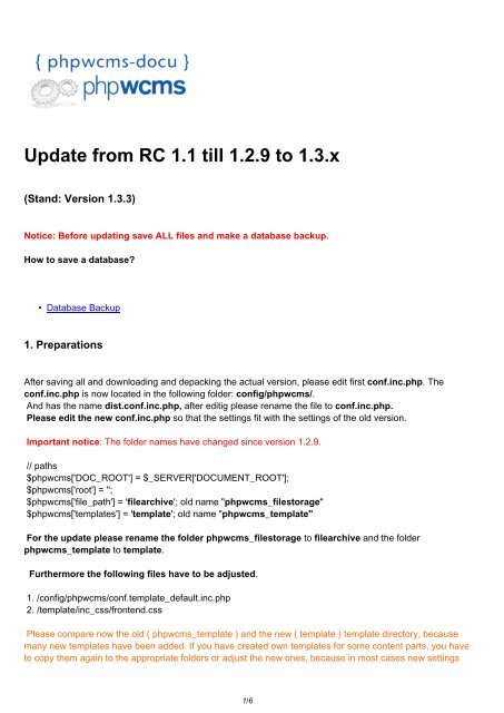 Update from RC 1.1 till 1.2.9 to 1.3.x - phpwcms-docu for phpwcms