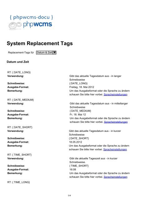 System Replacement Tags - phpWCMS{/docu}
