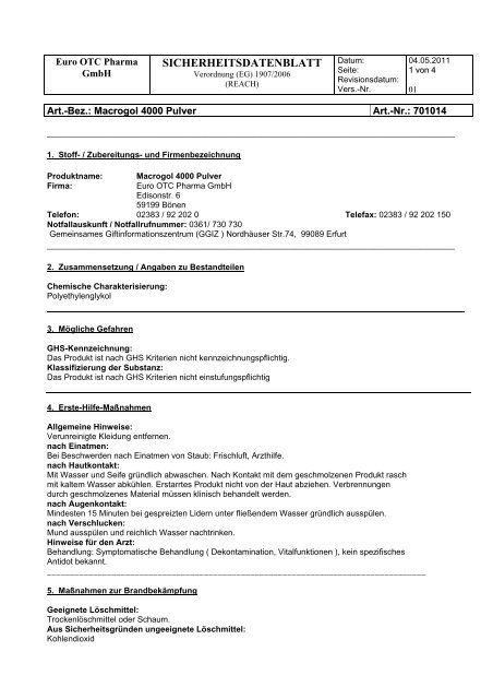 Sicherheitsdatenblatt Euro Otc Pharma Gmbh