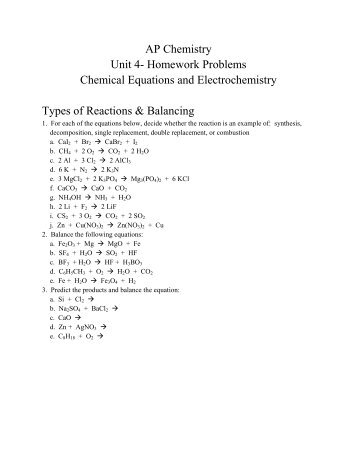 AP Chemistry Unit 4- Homework Problems Chemical Equations and ...