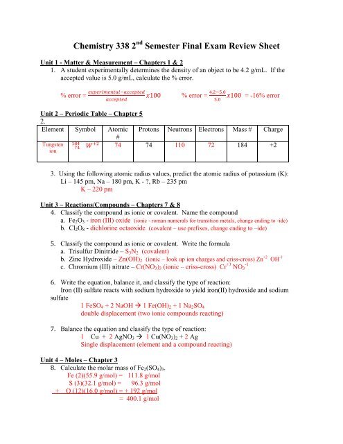 Chemistry 338 2 Semester Final Exam Review Sheet